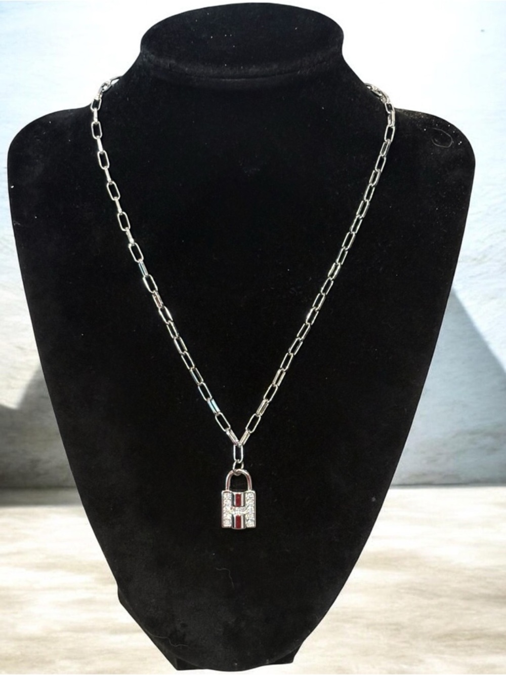 Hermes Upcycled Stamped Paperclip Chain Necklace with Pave Padlock Pendan
